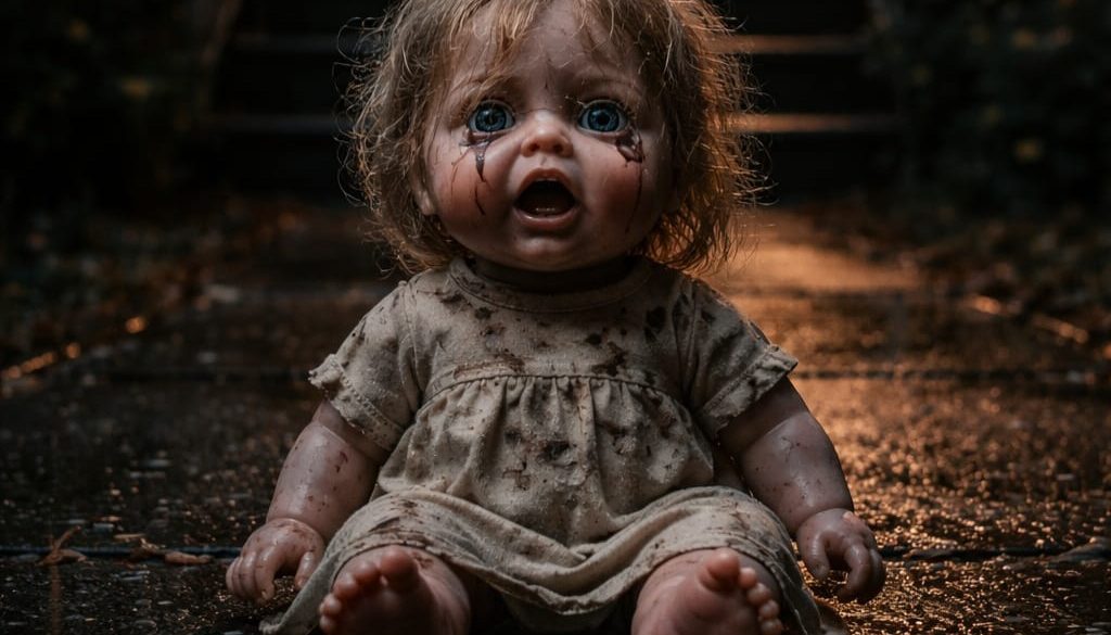 A doll crying outside of a house