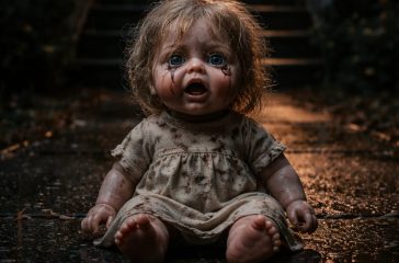 A doll crying outside of a house